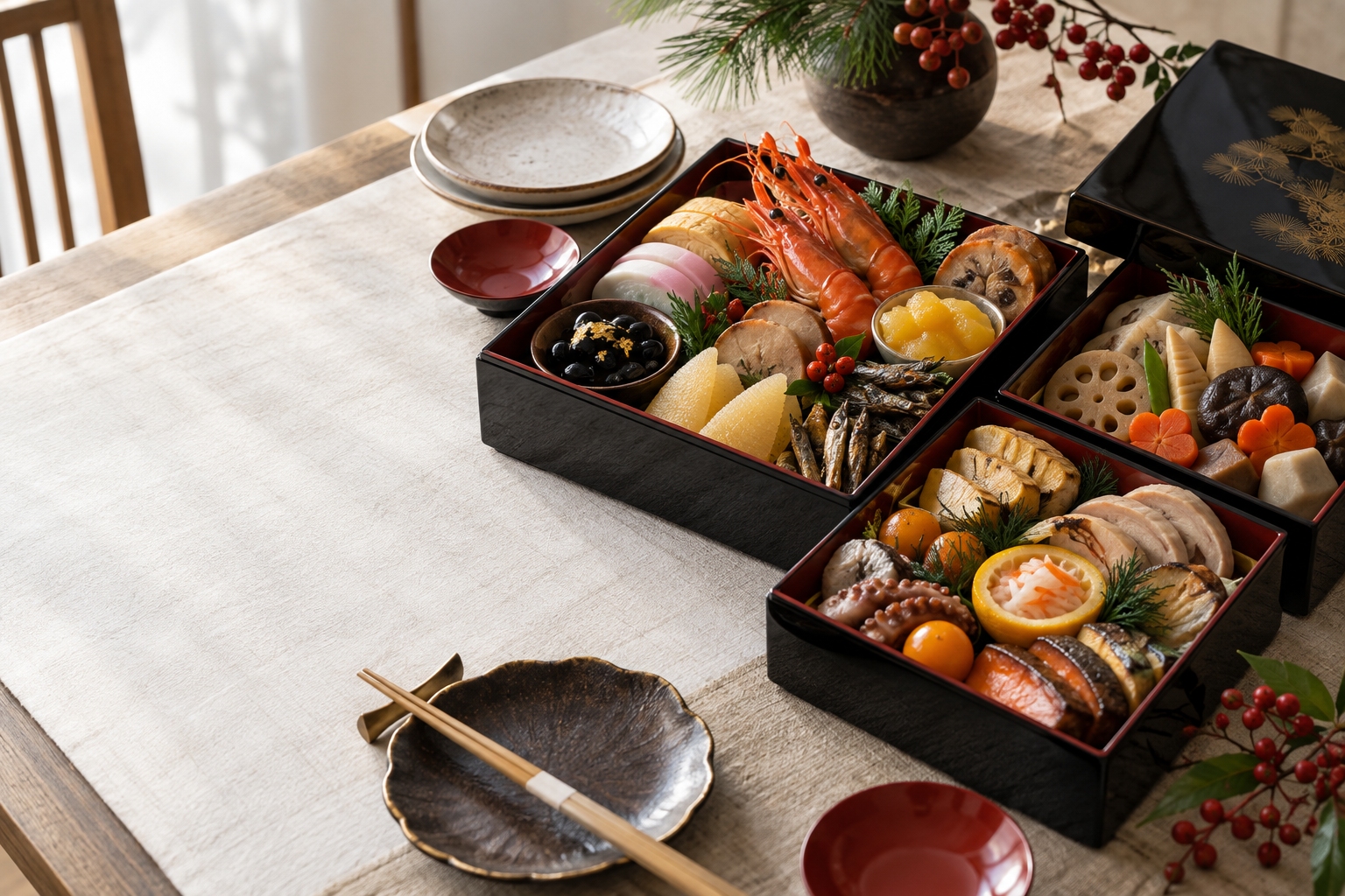 黒漆の重箱と祝い肴をしつらえた新年の食卓
